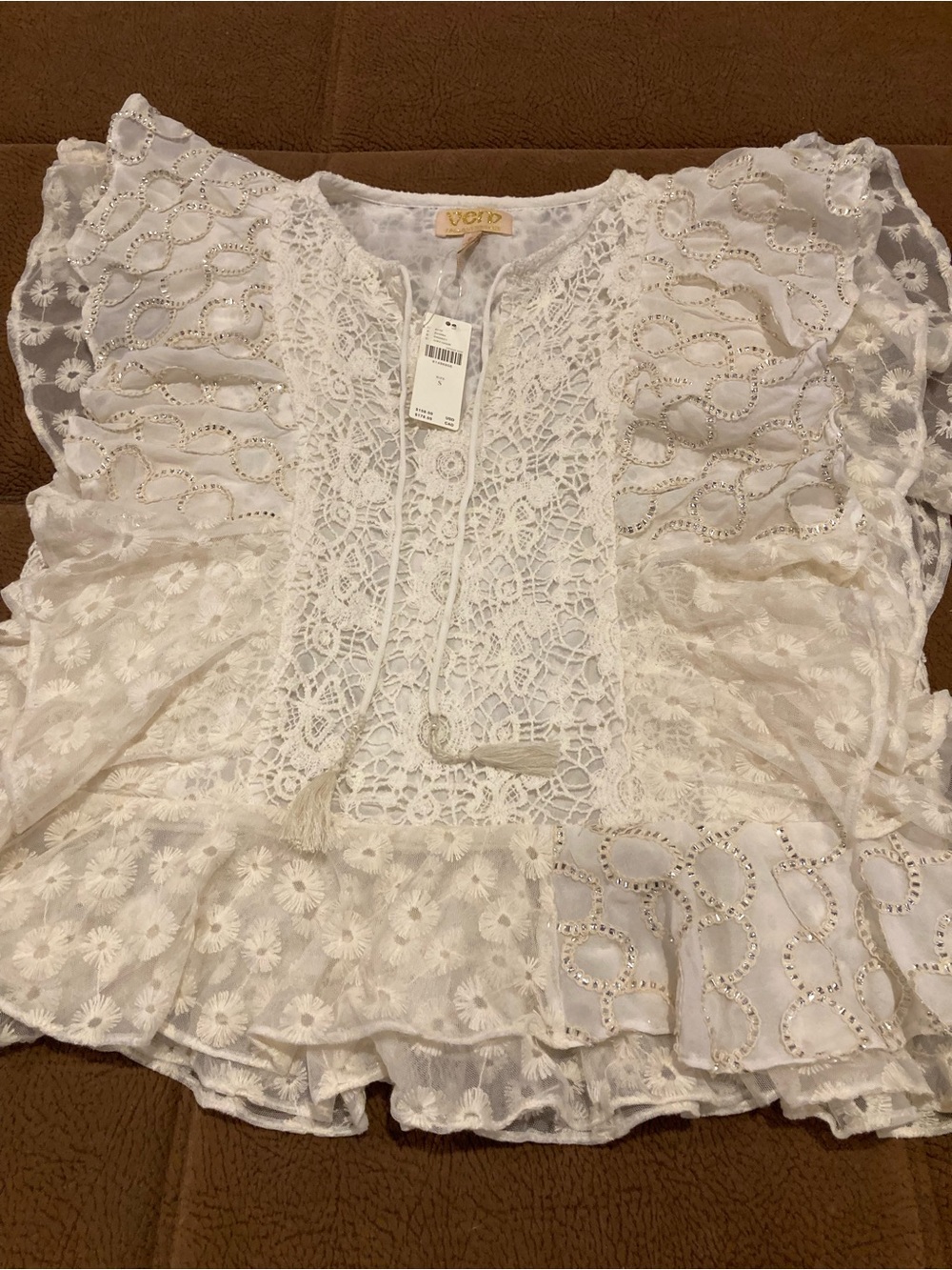 VERB Pallavi SinGhee White Lace Crochet Peasant Short Sleeve Embroidered Blouse